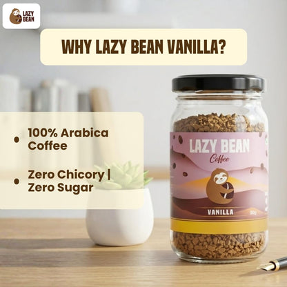 Lazy Bean Vanilla Flavoured - Premium Instant Coffee Powder 50 g | Strong Black Coffee, Rich Aroma, Quick-Dissolving Granules | Ready in Seconds for Hot or Iced Brews at Home, Office, Travel