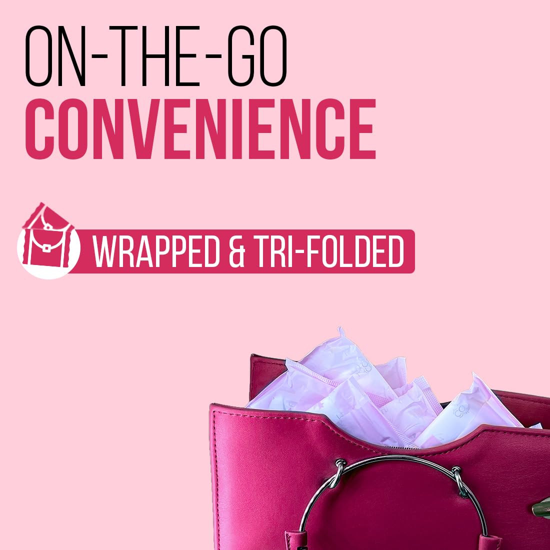 Pink handbag with wrapped and tri-folded items on a pink background with text 'On-the-Go Convenience'.