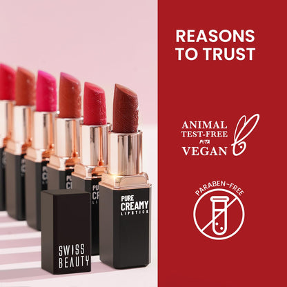 Swiss Beauty Pure Creamy Lipstick | Smooth Glide | Matte Finish | Rich Colour | With Vitamin E & Tea Tree Oil | Hydrating | All-Day Comfort | Shade- 06- Elegant Pink
