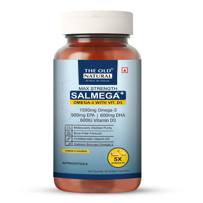 The Old Natural Salmega Omega 3 Fish Oil with Vitamin D3 600 IU – 1590mg High Strength (900mg EPA & 600mg DHA) for Heart, Brain, Joint & Immunity Support – Fish Oil Capsules for Men & Women – 60 Softgels