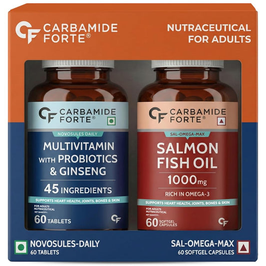 Carbamide Forte Multivitamin Tablet for Men with Probiotics & Salmon Omega 3 fish Oil Capsules | Salmon Fish Oil Omega 3 Capsule 1000mg and Multivitamin Tablets Combo | 60 Tablets + 60 Softgels