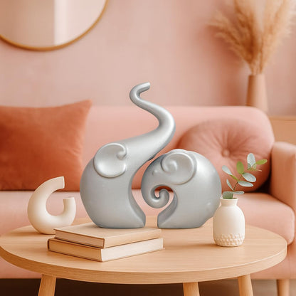 Muted Metallic Matte Silver Home Decor Elephant Couple Ceramic Figurines | Launched for the First time in India - (Set of 2, Silver)