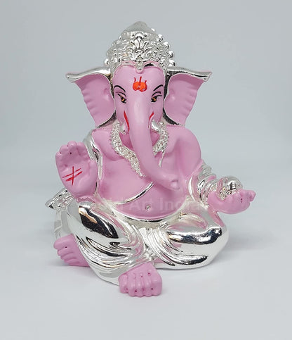 Gold Art India Silver Pink Plated Gaddi Ganesha for Car Dashboard Ganesha Murti Ganpati Idol for Home Decor Puja Lord Ganesh Statue Gift for Office Desk Puja Room Figurine