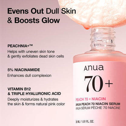 Anua Peach 70% Niacinamide Serum 30ml / brightening hydrating face serum hyperpigmentation treatment reducing melanine daily clean beauty (1.01 fl. oz.)