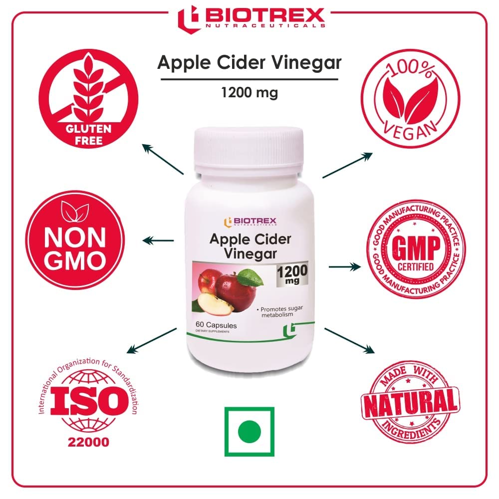 Biotrex Apple Cider Vinegar Capsules 1200mg – Organic Supplement for Weight Management, Detox & Digestive Support – Apple Cider Vinegar Capsule for Wellness – 60 Apple Vinegar Capsules