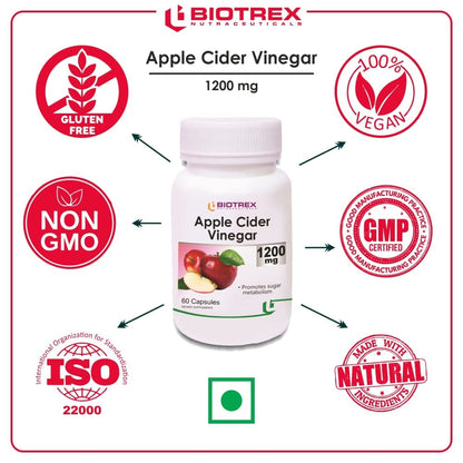 Biotrex Apple Cider Vinegar Capsules 1200mg – Organic Supplement for Weight Management, Detox & Digestive Support – Apple Cider Vinegar Capsule for Wellness – 60 Apple Vinegar Capsules