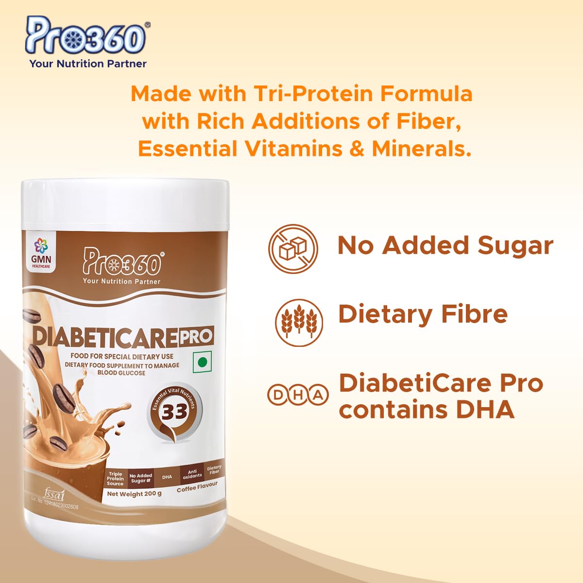 Pro360 Diabeticare Pro Protein Powder for Diabetic Nutrition Supplement for Diabetes Care Helps in Managing Glucose Levels - Zero Added Sugar - Coffee Flavour 200gm