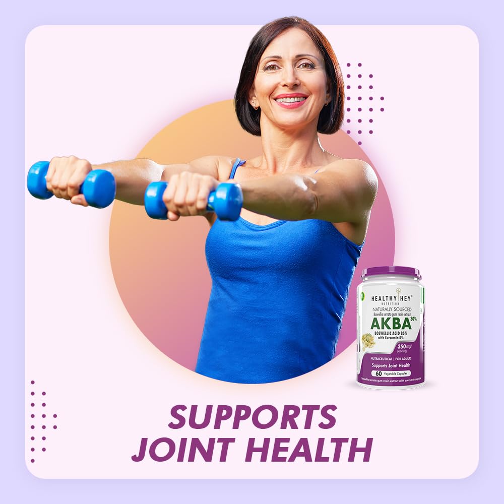 Woman exercising with dumbbells next to a bottle of AKBA supplement on a colorful background