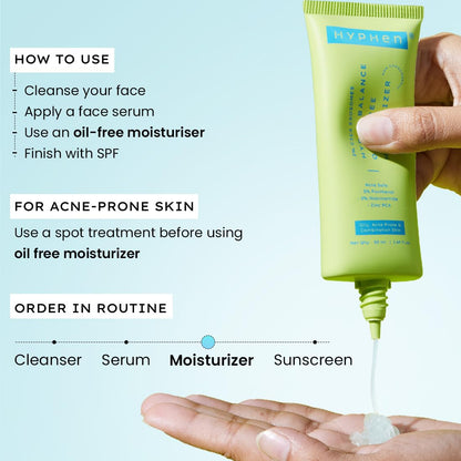 Hyphen oil-free moisturizer being applied to a hand with usage instructions on a light blue background