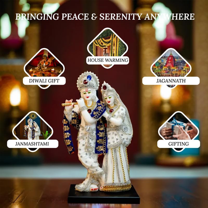 Aura Series Marble Dust Radha Krishna Murti (8 inch, Medium Size) | Gemstone Zircon Studded Radha Krishna Statue | Resin Radha Krishna Idol | Radhe Krishna ki Murti for Pooja, White, Religious