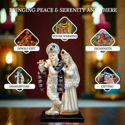 Aura Series Marble Dust Radha Krishna Murti (8 inch, Medium Size) | Gemstone Zircon Studded Radha Krishna Statue | Resin Radha Krishna Idol | Radhe Krishna ki Murti for Pooja, White, Religious