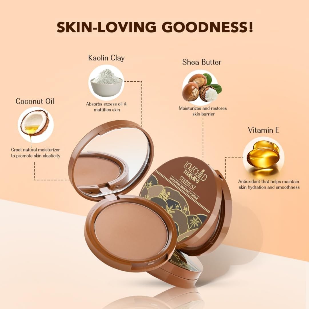 Lovechild Masaba Stardust Bronzing Powder, Soft-Focus Mattifying Finish, With Coconut Oil, Shea Butter & Vitamin E, Barely There (Reddish Brown) - 9 g