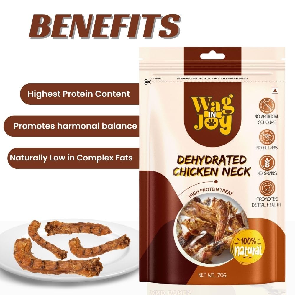WAG IN JOY Dehydrated Chicken Neck Dog Treats | High Protein Natural Chews | Grain-Free, No Fillers | Supports Dental Health & Strong Bones | 100% Natural | 70g