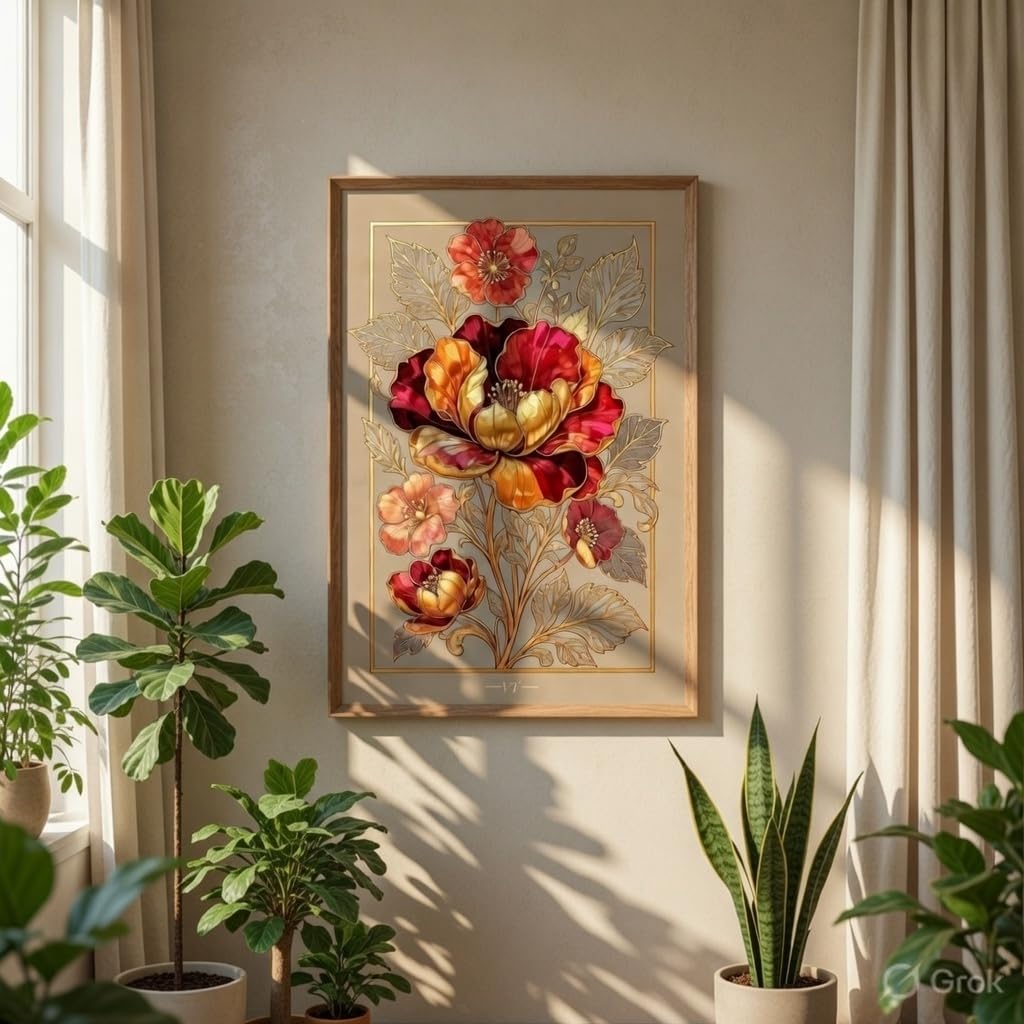 Golden Floral Wall Painting with Wooden Frame | Luxury Flower Artwork HD Wall Decor | Elegant Botanical Wall Art for Living Room Bedroom Office Home Decoration 13.5 Inch x 19.5 Inch