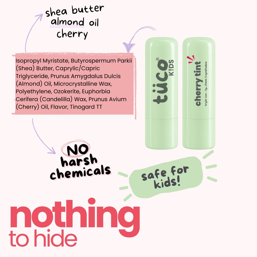 Tuco Kids cherry lip tint with ingredient list and safety claims on a white background