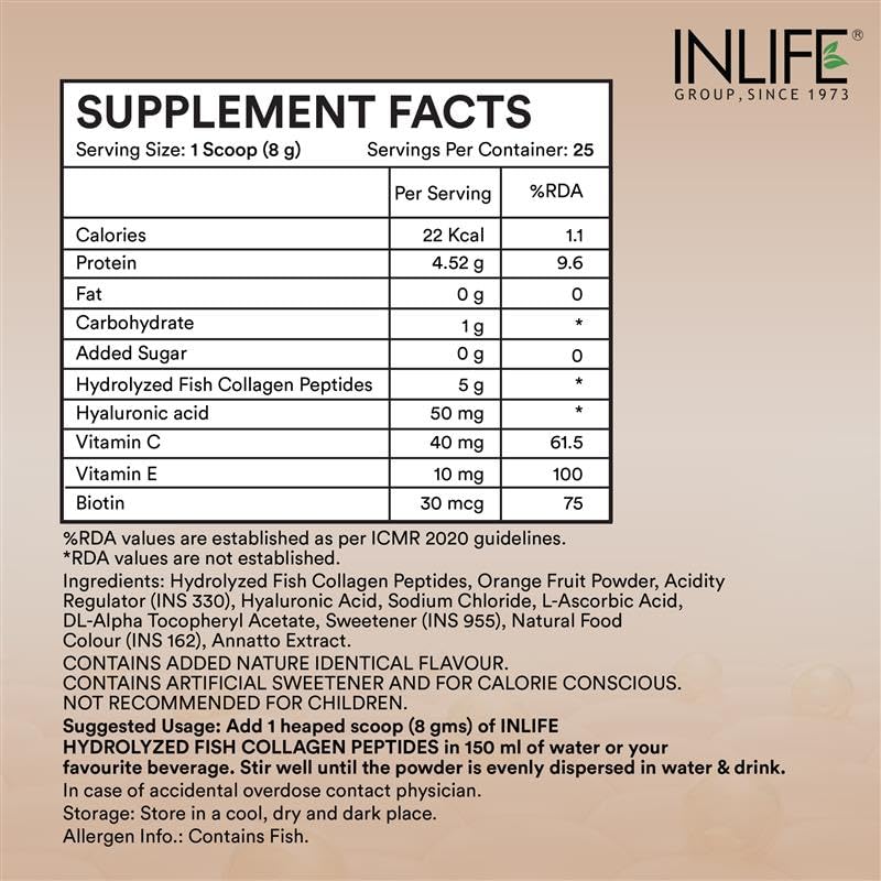 INLIFE Hydrolyzed Marine Collagen Tripeptides Supplement | Vitamin C, E, Biotin & Hyaluronic Acid | For Skin, Hair & Nails,(200g, Orange)