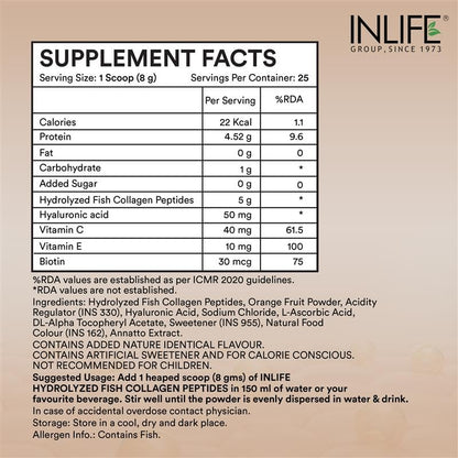 INLIFE Hydrolyzed Marine Collagen Tripeptides Supplement | Vitamin C, E, Biotin & Hyaluronic Acid | For Skin, Hair & Nails,(200g, Orange)