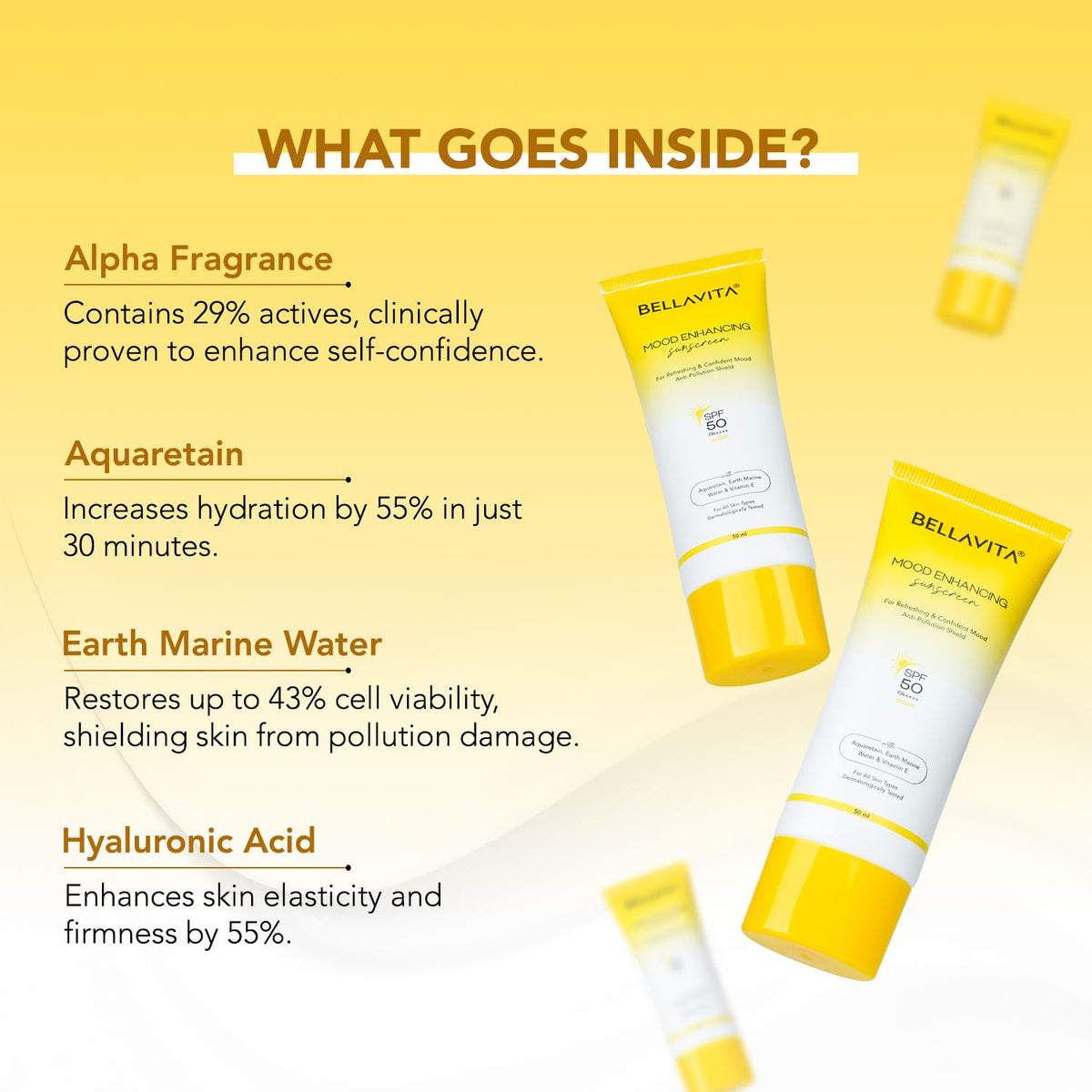 Bellavita skincare products with ingredients listed on a yellow background