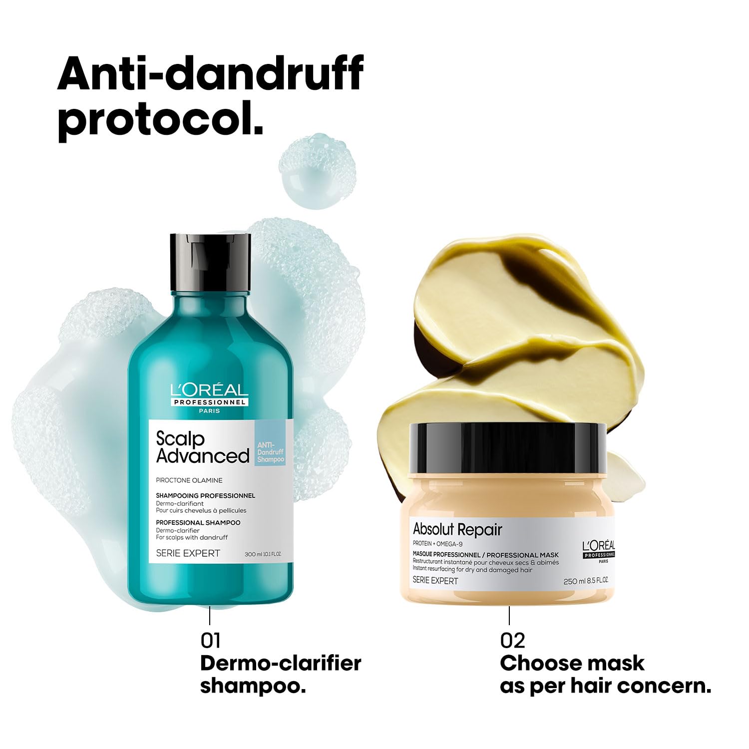L'Oreal hair care products with shampoo and mask on a white background