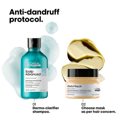L'Oreal hair care products with shampoo and mask on a white background