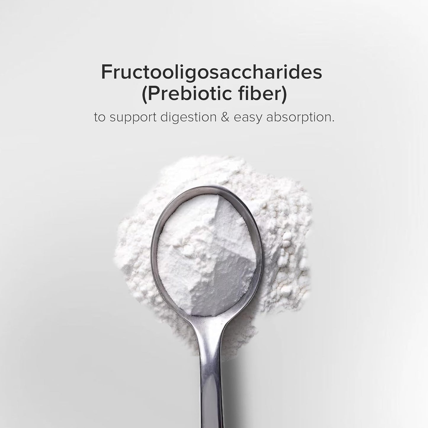 Spoonful of fructooligosaccharides powder with text on a light gray background