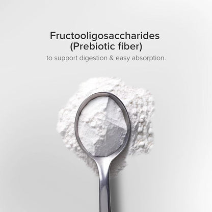 Spoonful of fructooligosaccharides powder with text on a light gray background