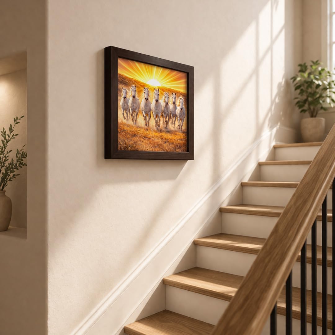 Seven White Horses Rising Sunrise Vastu Success Prosperity Energy Spiritual Running Framed Poster Decor Painting