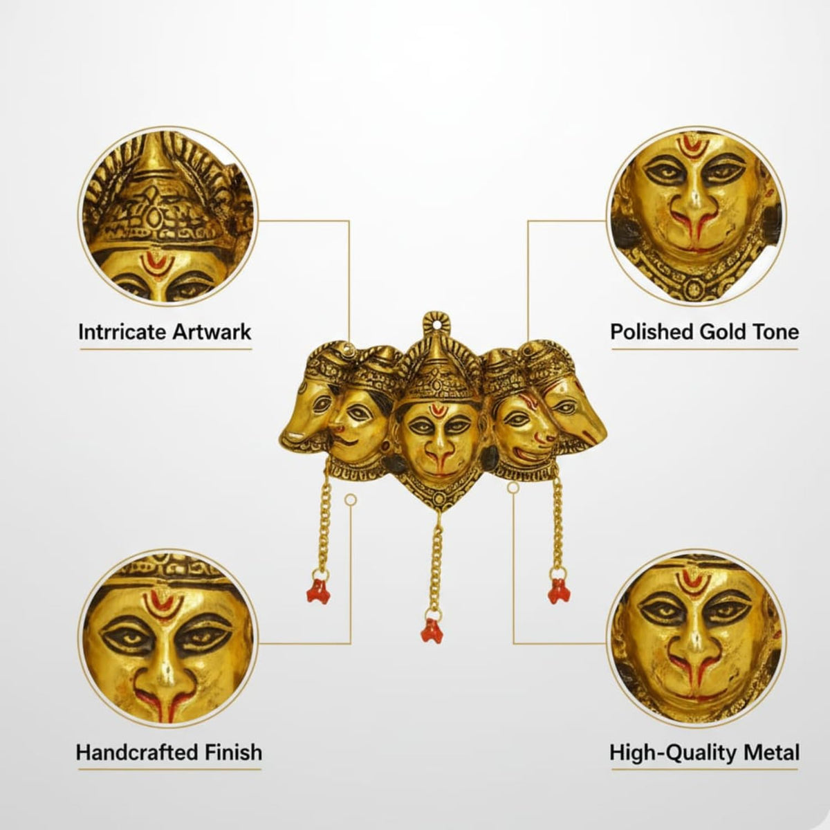 Kalakriti Panchmukhi Hanuman Ji Murti for Door Entrance, Gold Finish Wall Hanging Statue Showpiece for Main Gate, Decorative Hindu God Idol for Home Temple & Vastu Protection (Panchmukhi Hanuman)