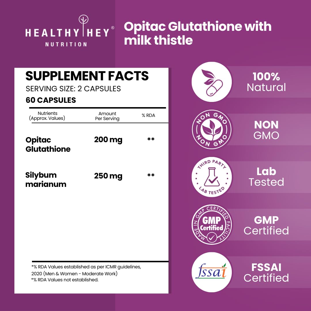 Supplement facts label for Opitac Glutathione with milk thistle by Healthy Hey Nutrition on a purple background.