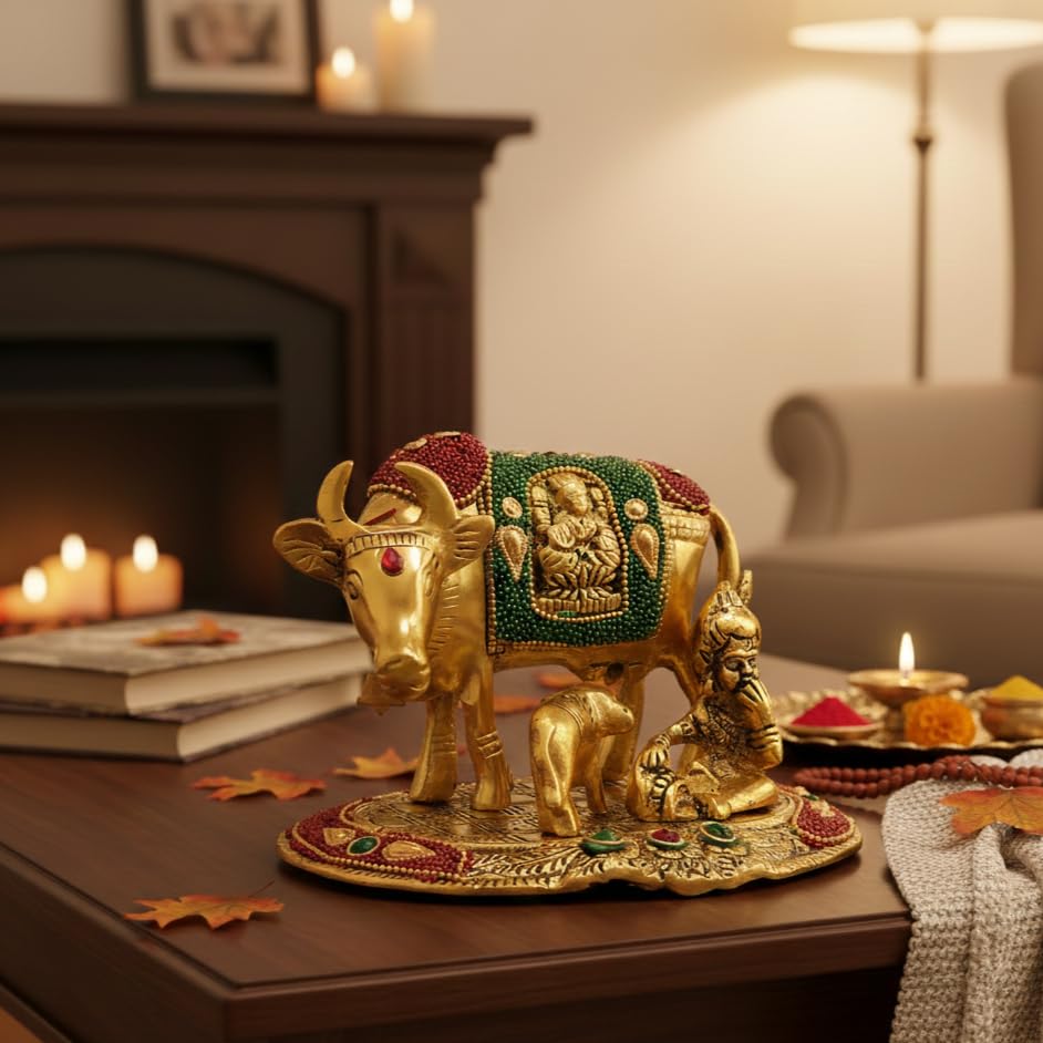 KridayKraft Kamdhenu Cow,Calf with Bal Gopal Krishna Metal Statue for Good Luck,Feng Shui As Table Top Figurine,Vastu,Religious Gau MATA Idol Home,Office&Table Decorative,Animal.