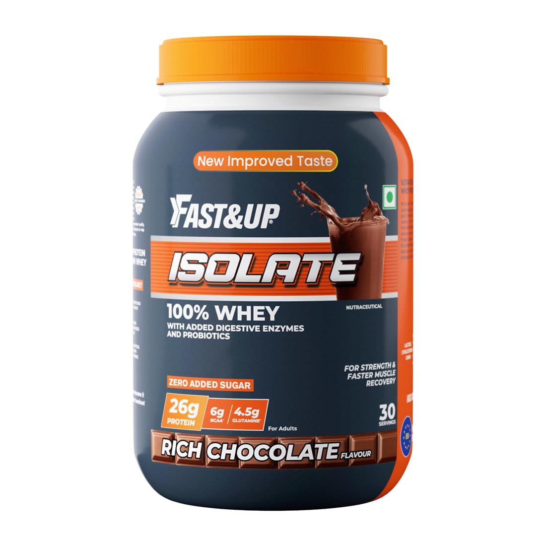 Fast&Up 100% Pure European Whey Protein Isolate, Ultralow Carbs | 30 Servings | 26g Protein per serve | Low Lactose & Gluten Free | Fast Acting, No Bloating - Rich Chocolate Flavour