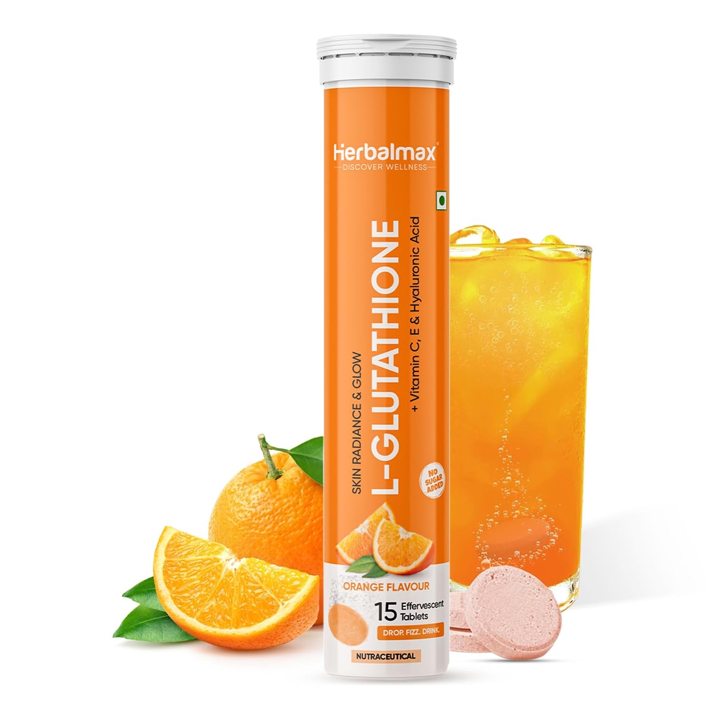 Herbemax L-Glutathione supplement tube with oranges and a glass of orange juice on a white background