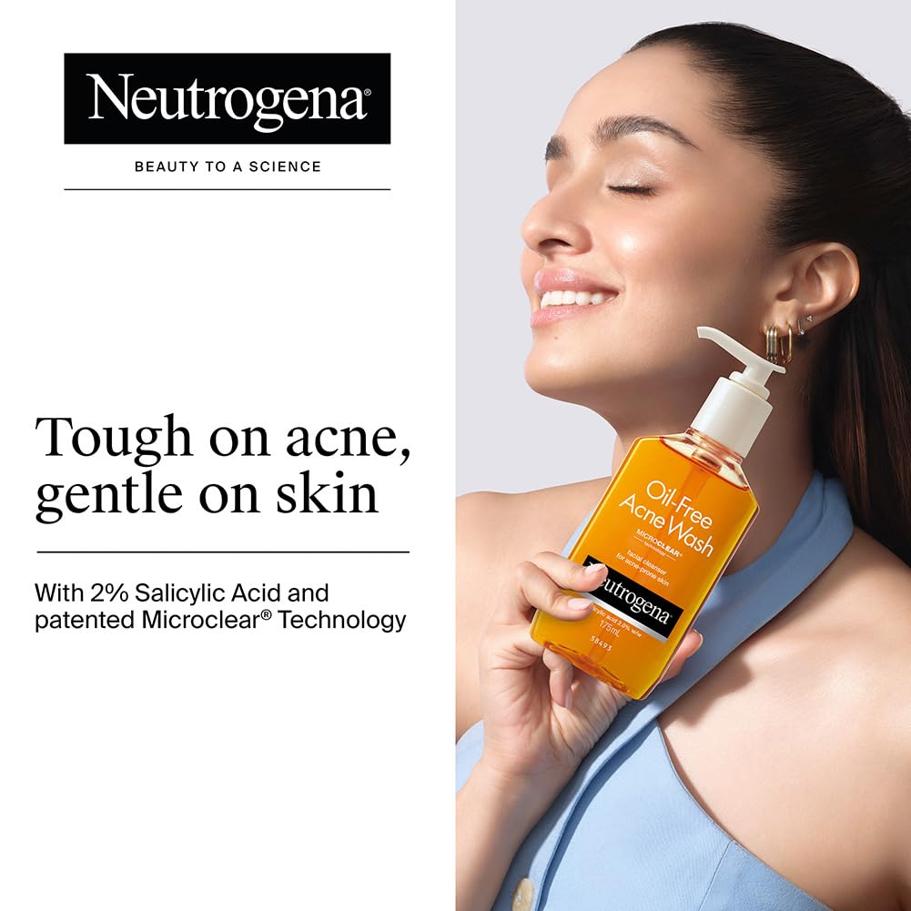 Neutrogena oil-free acne wash bottle held by a woman with product details.