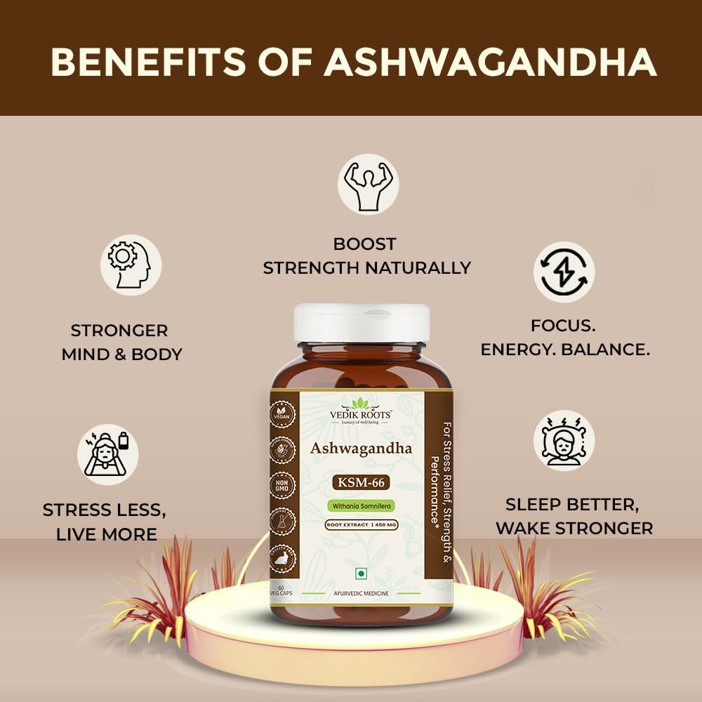 Vieik Roots Ashwagandha supplement bottle with benefits listed on a beige background