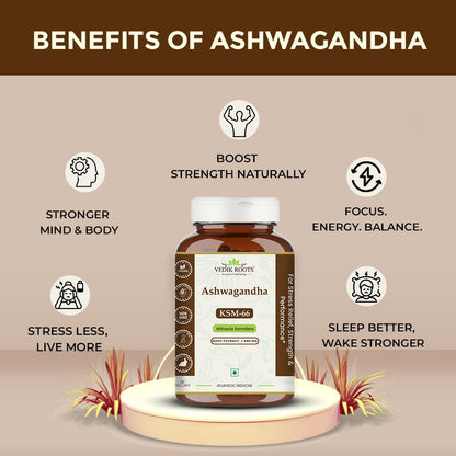 Vieik Roots Ashwagandha supplement bottle with benefits listed on a beige background
