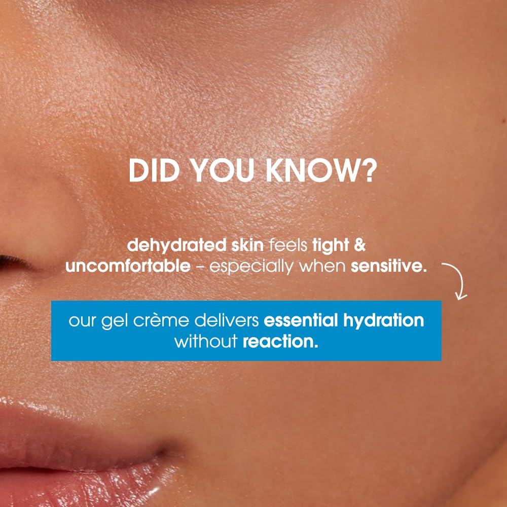 Close-up of skin with text about dehydrated skin and a gel crème product.
