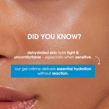 Close-up of skin with text about dehydrated skin and a gel crème product.