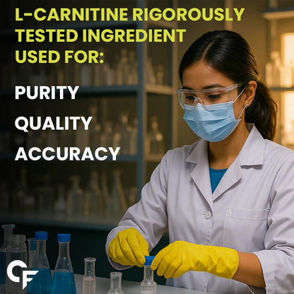 Person in a lab setting with text about L-Carnitine purity, quality, and accuracy.