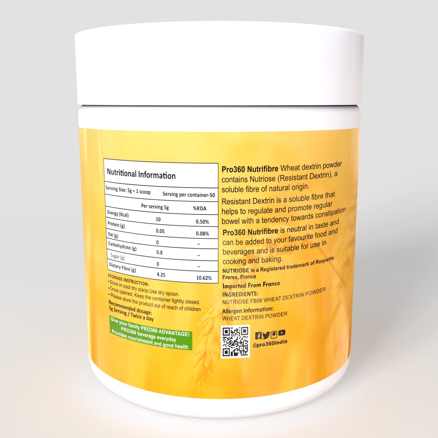Pro360 NutriFibre Plant-Based Fiber Supplement Powder| 250g Water Soluble Prebiotic Fibre Supplement| Dietary Fiber for Digestive, Gut Health & Weight Management