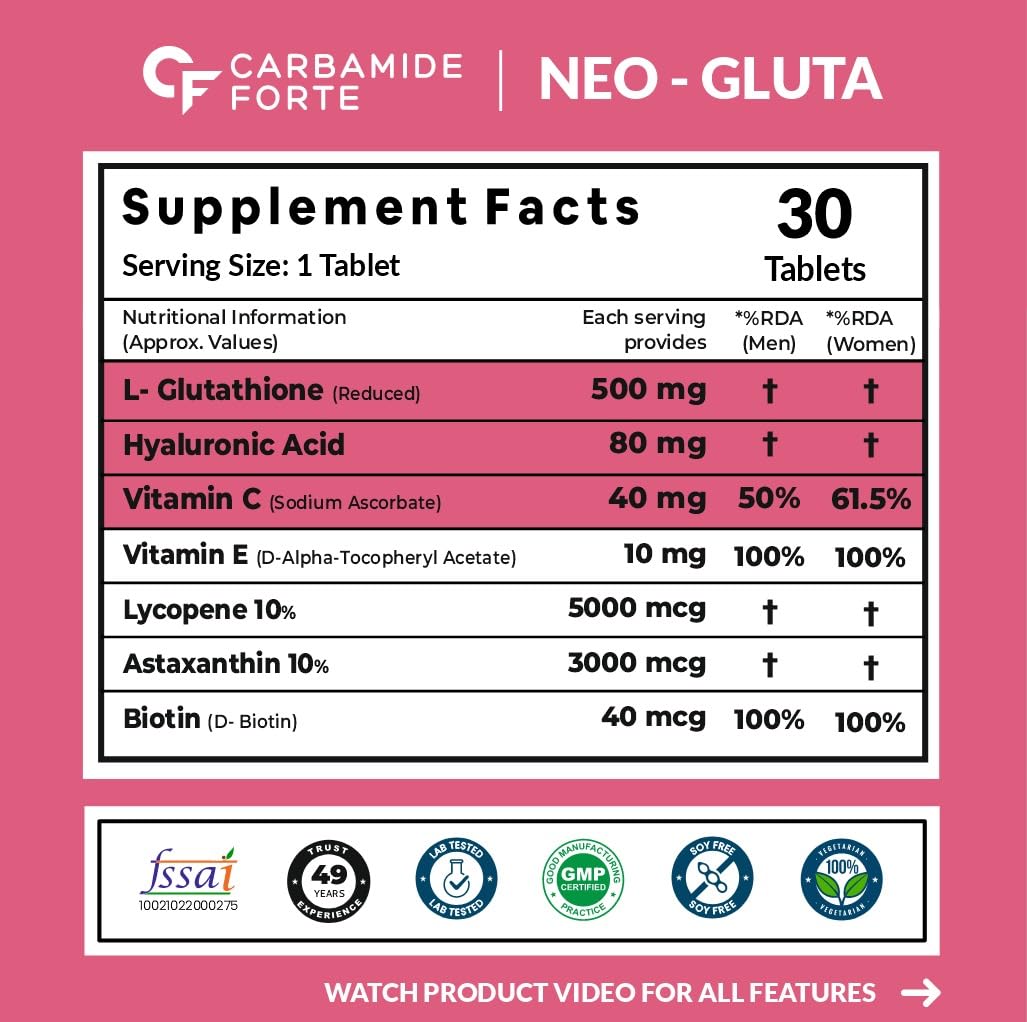 Carbamide Forte Japanese Reduced L Glutathione Tablets 500mg with Vitamin C | Glutathione Supplement with Hyaluronic Acid, Vitamin E, C, Lycopene & Biotin – 30 Veg Tablets