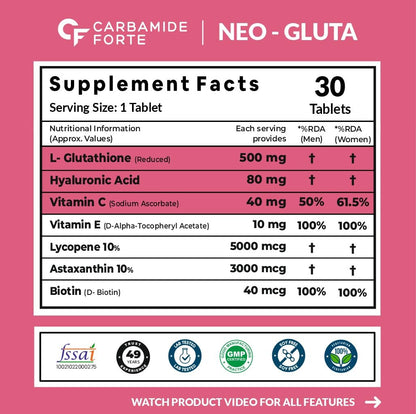 Carbamide Forte Japanese Reduced L Glutathione Tablets 500mg with Vitamin C | Glutathione Supplement with Hyaluronic Acid, Vitamin E, C, Lycopene & Biotin – 30 Veg Tablets