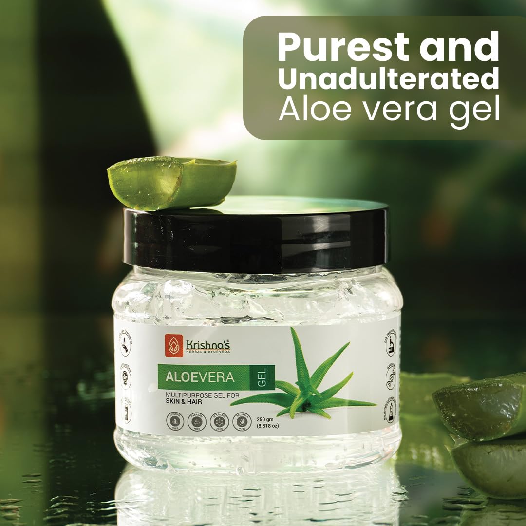 KRISHNA'S HERBAL & AYURVEDA Aloe Vera Gel - 250 G, Pure White Non-Sticky Transparent 3 In 1 Aloe Fresh Soothing Gel For Skin, Body & Hair, Vitamin E Natural Emollients, Dark Spots And Acne