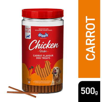 Drools Real Chicken & Carrot Flavor Dog Treat Sticks, Delicious Training & Reward Treats for Dogs, 500g
