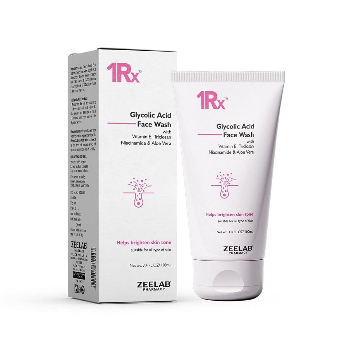 1RX Glycolic Acid Face Wash packaging and tube on a white background