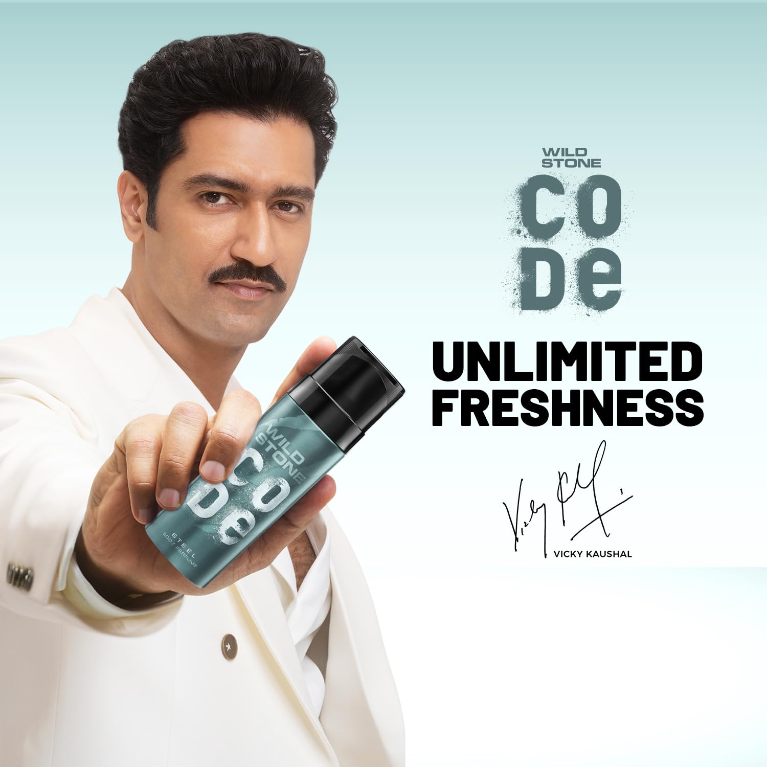 Person holding a product with 'Code' branding and 'Unlimited Freshness' text on a light blue background.