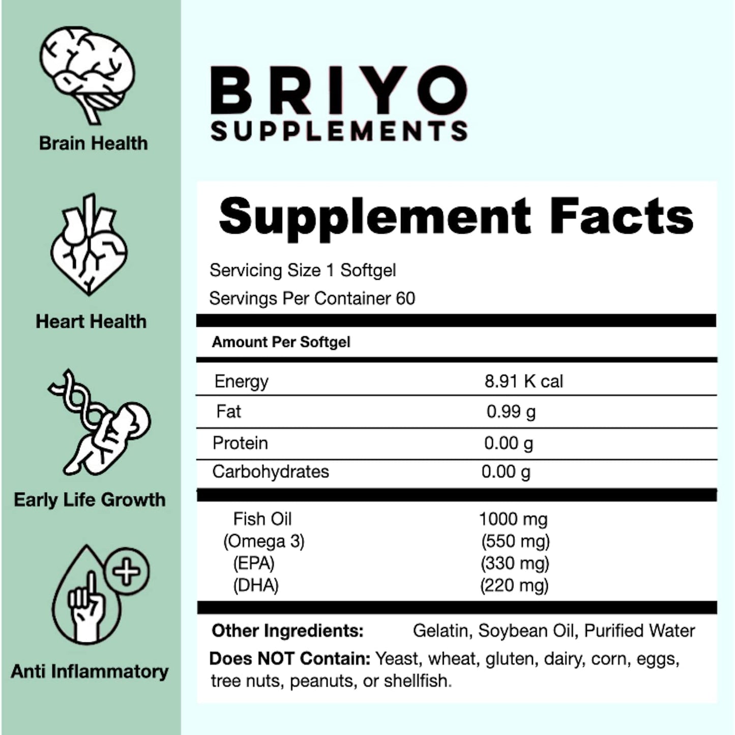Briyo Supplements label with supplement facts and health benefits on a green and blue gradient background.