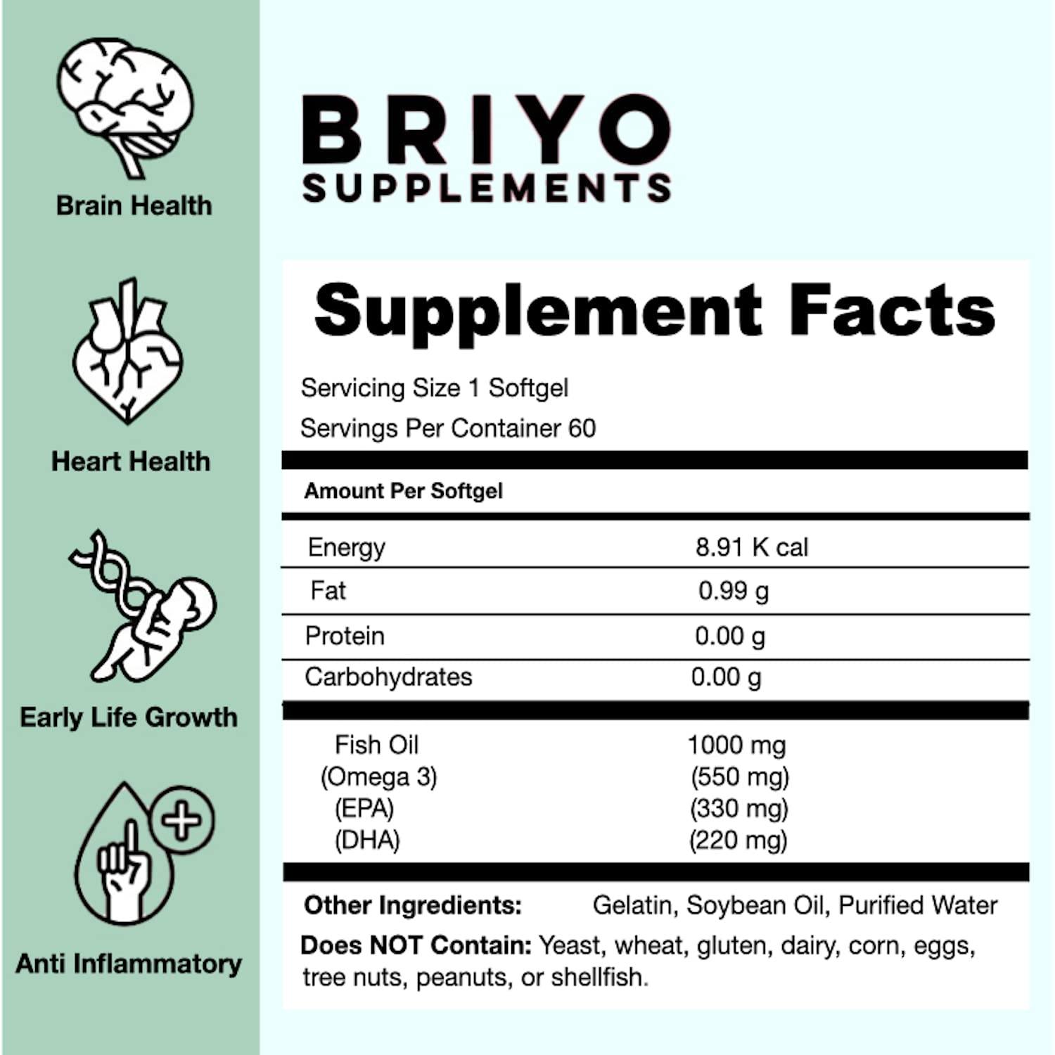 Briyo Supplements label with supplement facts and health benefits on a green and blue gradient background.