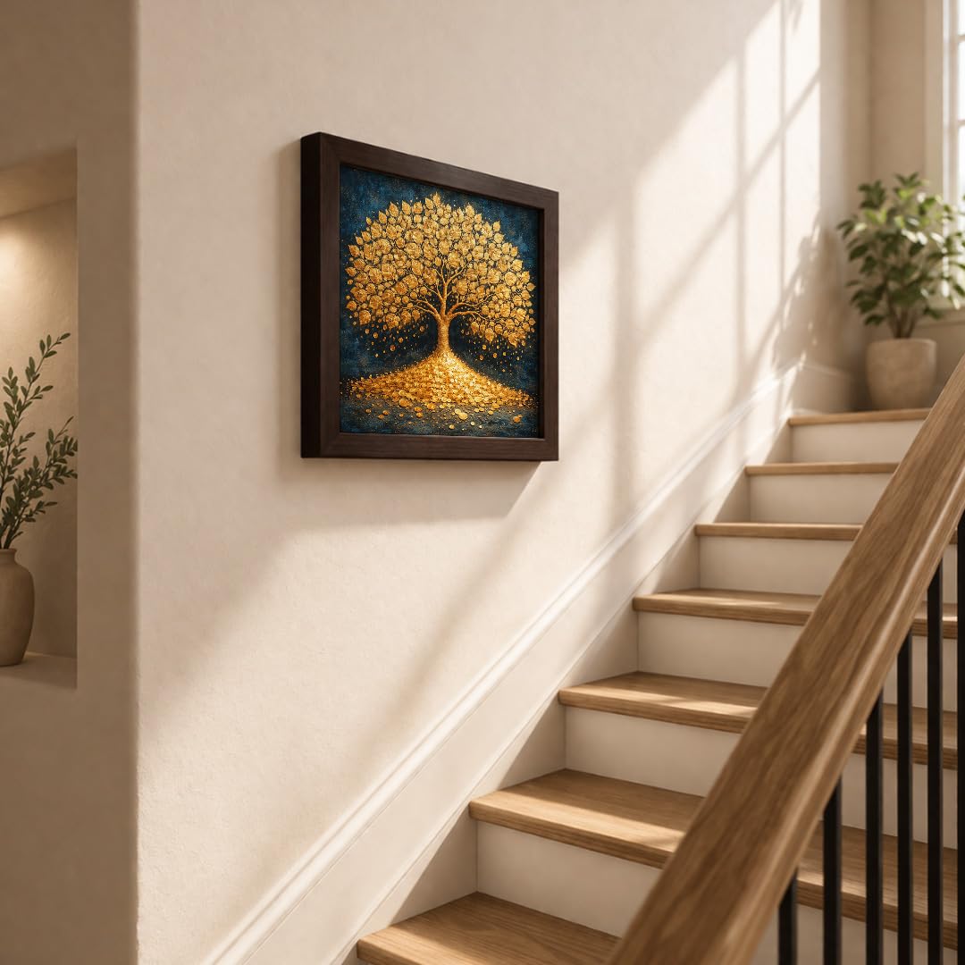 Golden Tree Kalpvriksh Gold Coin Vastu Money Magnet Prosperity Spiritual Wealth White Framed Poster Artwork Decor Painting