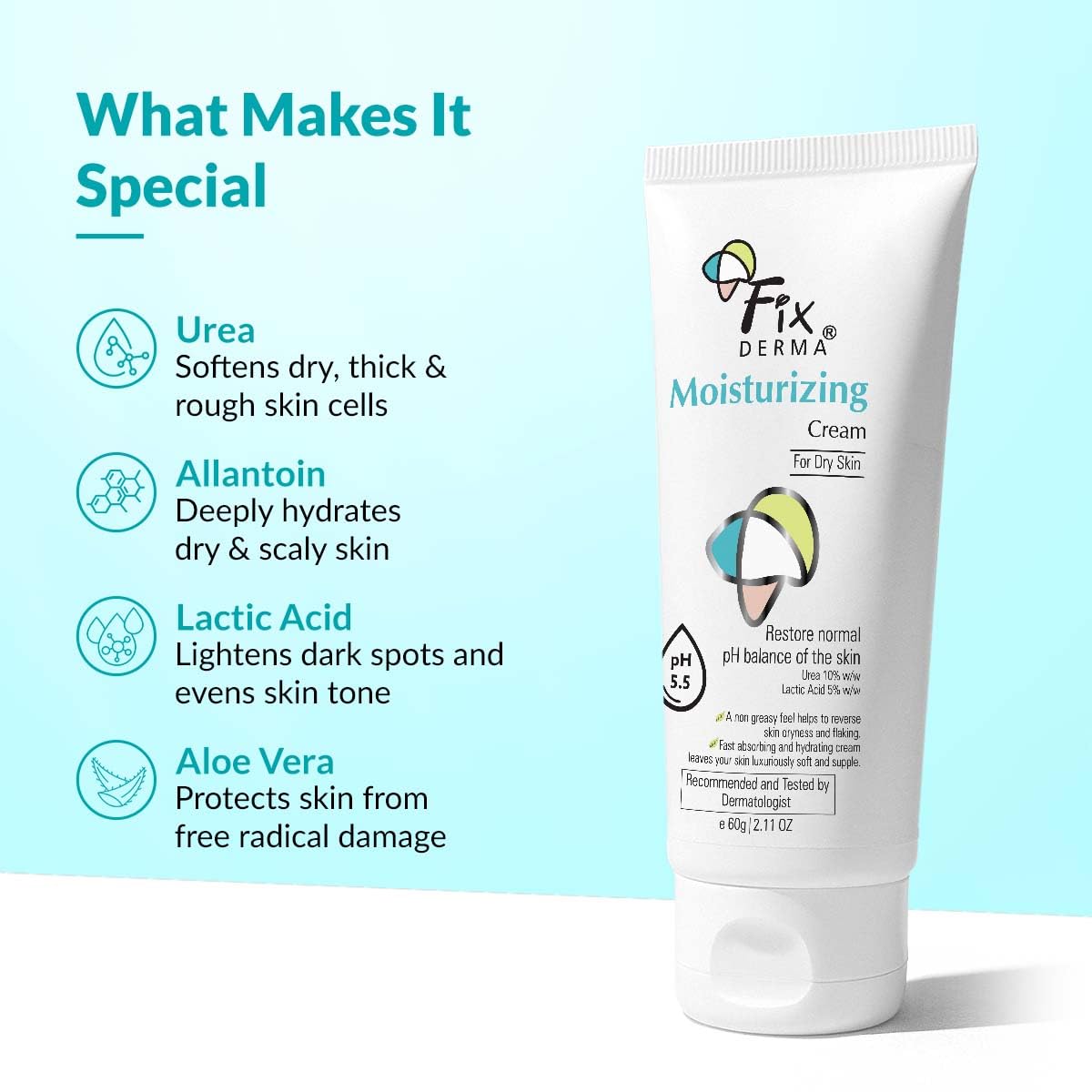 Fixderma Moisturizing cream, Daily Moisturizer for Dry & chapped skin, Provides Hydration and Moisturization, Non-Comedogenic & Non-Greasy formulation, 60g