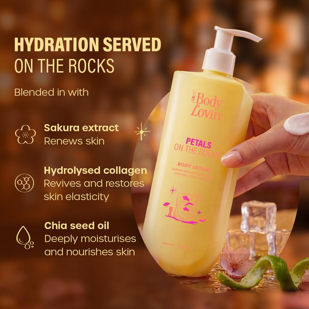 Plum BodyLovin’ Petals On The Rocks Body Lotion | Renewing & Reviving Body Lotion | Lightweight Hydration | Sakura Extract, Hydrolysed Collagen & Chia Seed Oil | Citrus Floral Fragrance | 400 ml